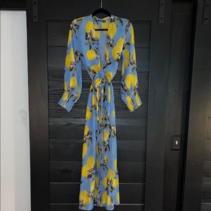 Boohoo Yellow and Blue Wrap Coverup with Bishop Sleeves
